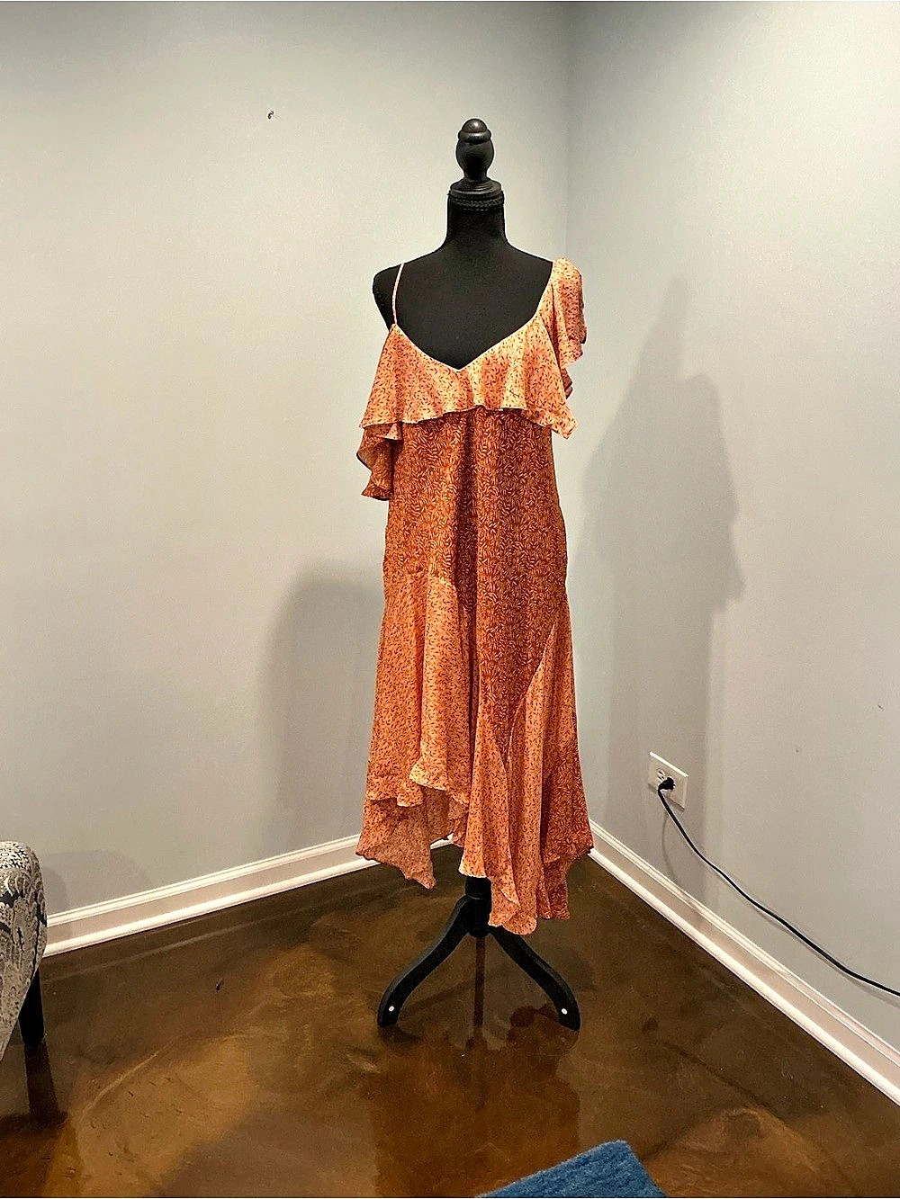 JOIE Asymmetrical Orange Floral Ruffle Maxi Dress Like New